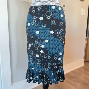 Vintage Midi Skirt \ Patterned Y2K BCBG Paris Skirt \ Black & Teal 2000s Skirt